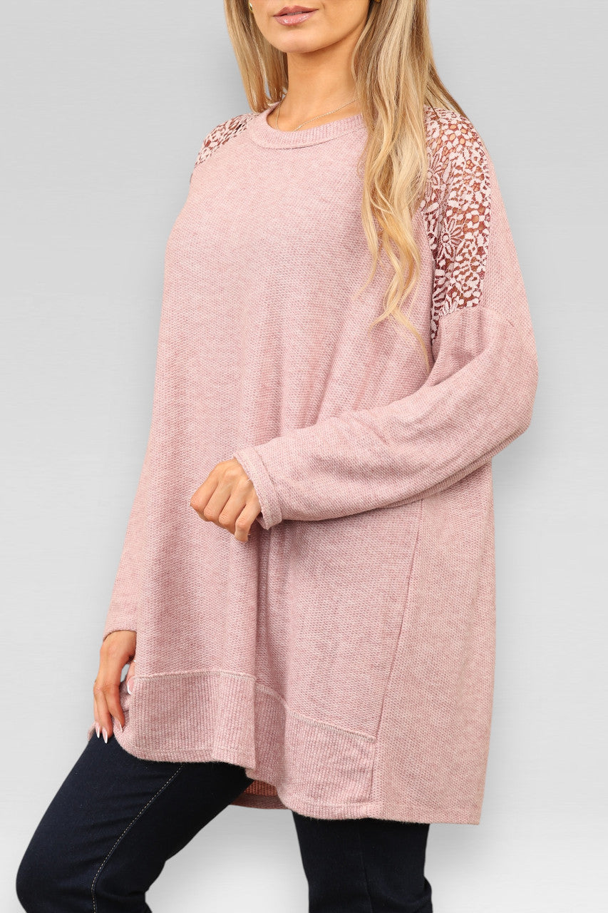 BURNOUT LACE SHOULDER DETAIL JUMPER DUSTY PINK