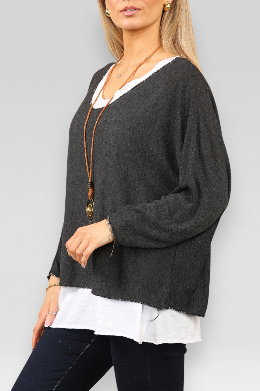EENVOUDIGE 2-LAAGSE TOP MET KETTING - ZWART