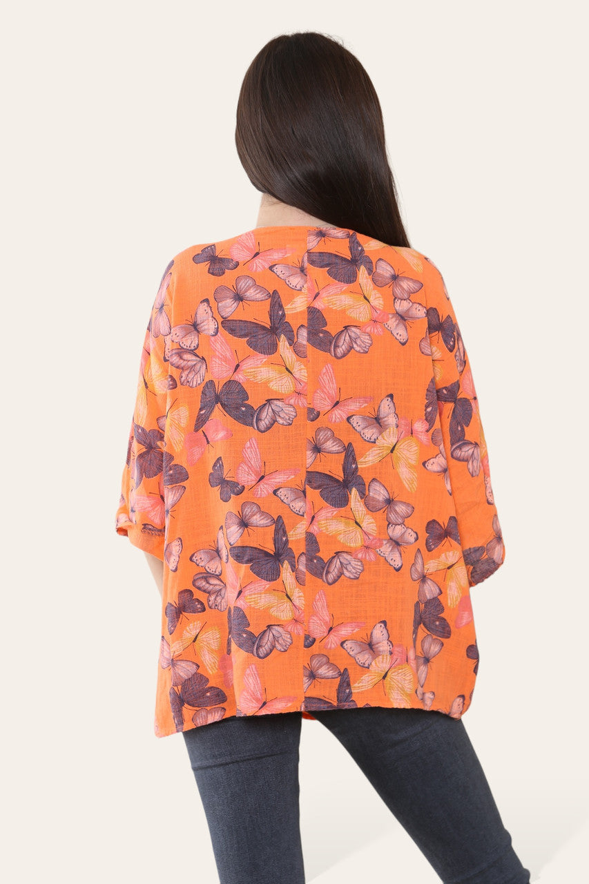 TOP MET VLINDERPRINT ORANJE