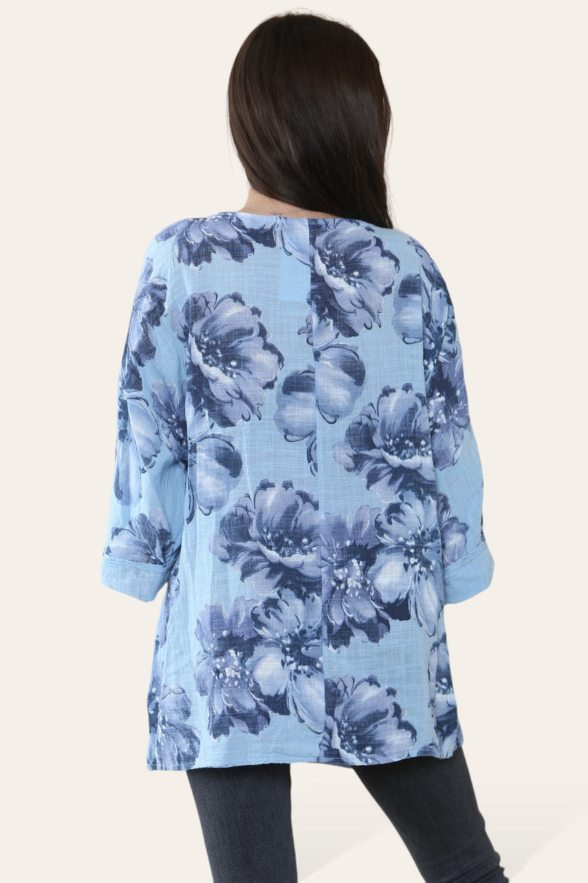 BLOE MEN SCHETS PRINT TOP LICHTBLAUW