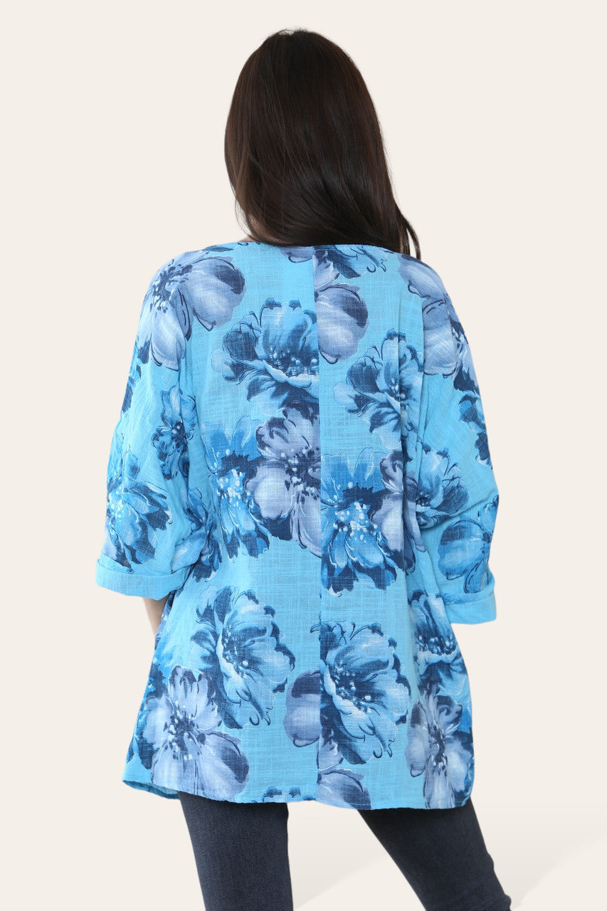 BLOEMEN SCHETS PRINT TOP TURQUOISE