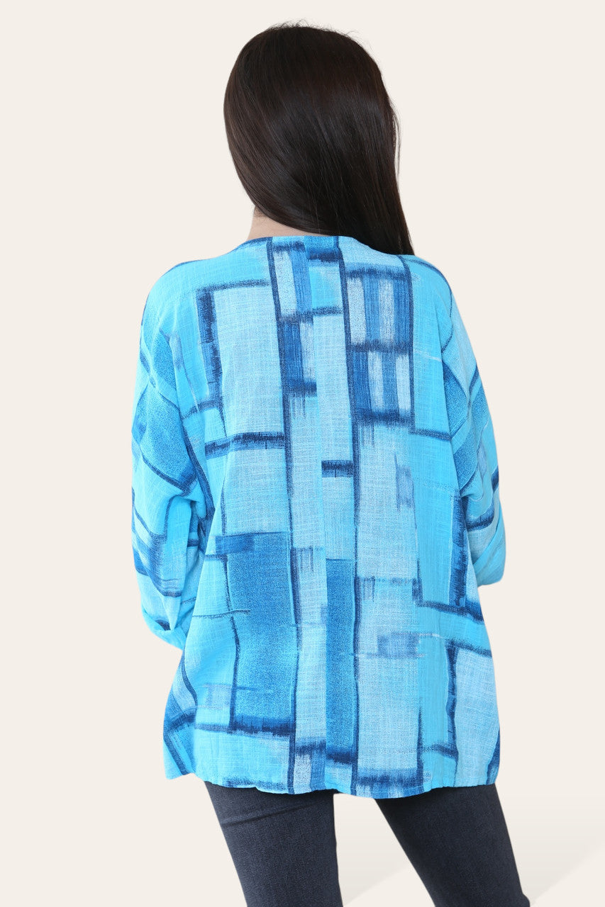 VIERKANTE GEOMETRISCHE VORMEN PRINT TOP TURKOOIS