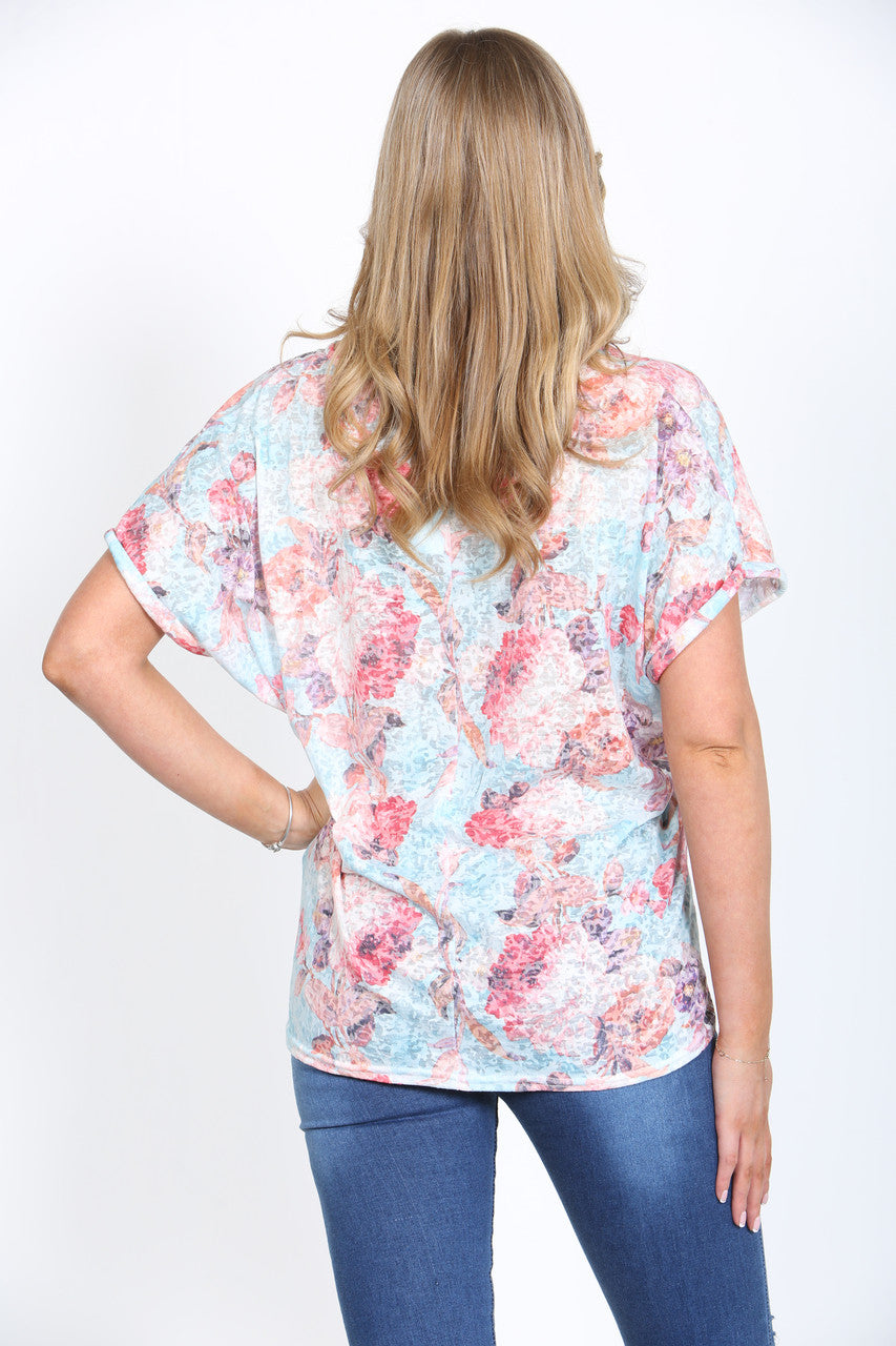Ladies Floral Rose Print Burnout Top Light Blue