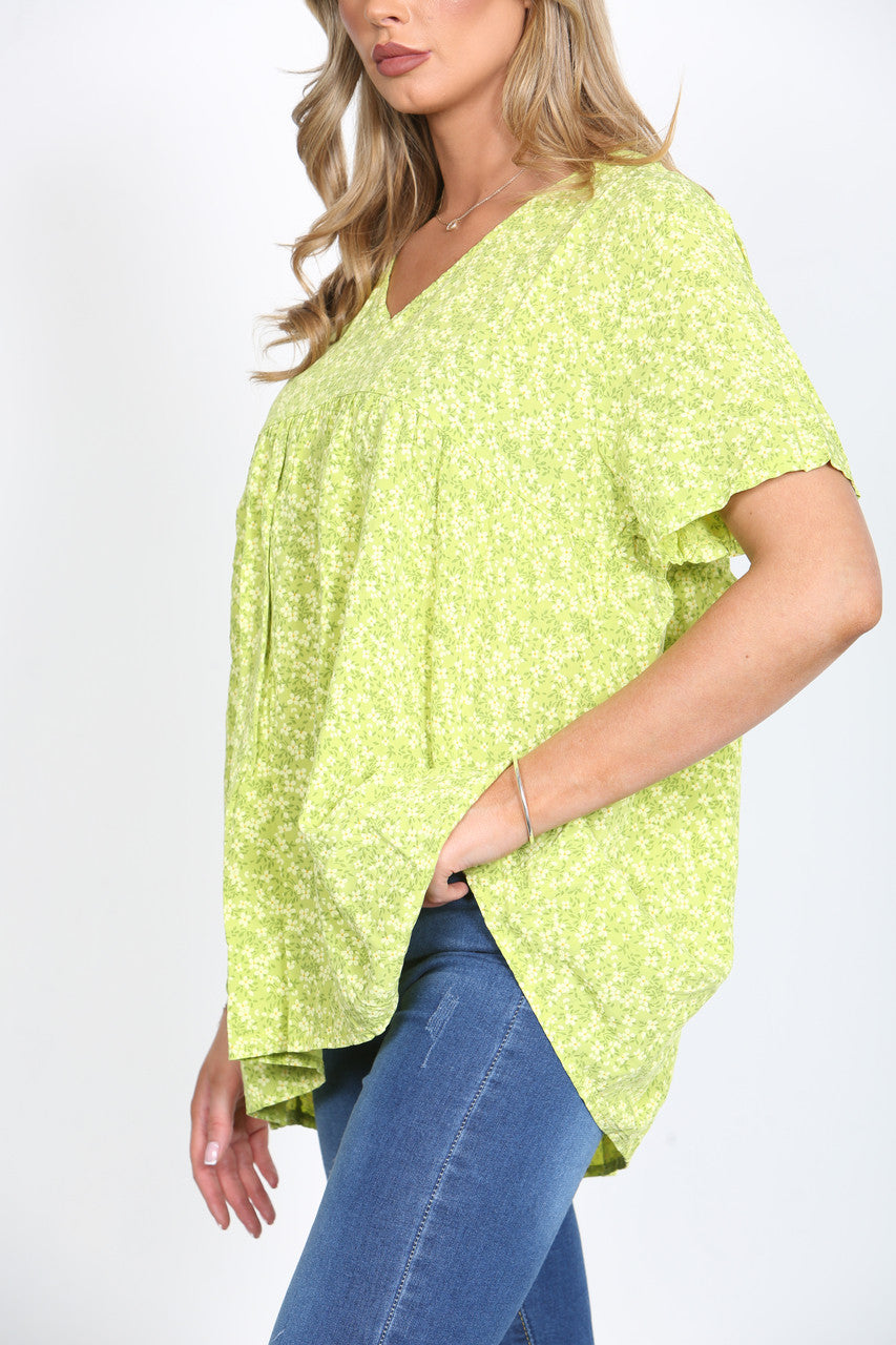 Ladies Ditsy Floral Print Smock Top Lime
