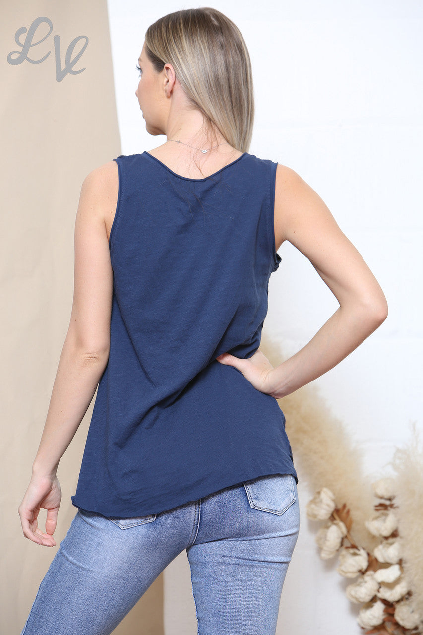 Ladies Sequin Applique Flower Sleeveless Top Navy