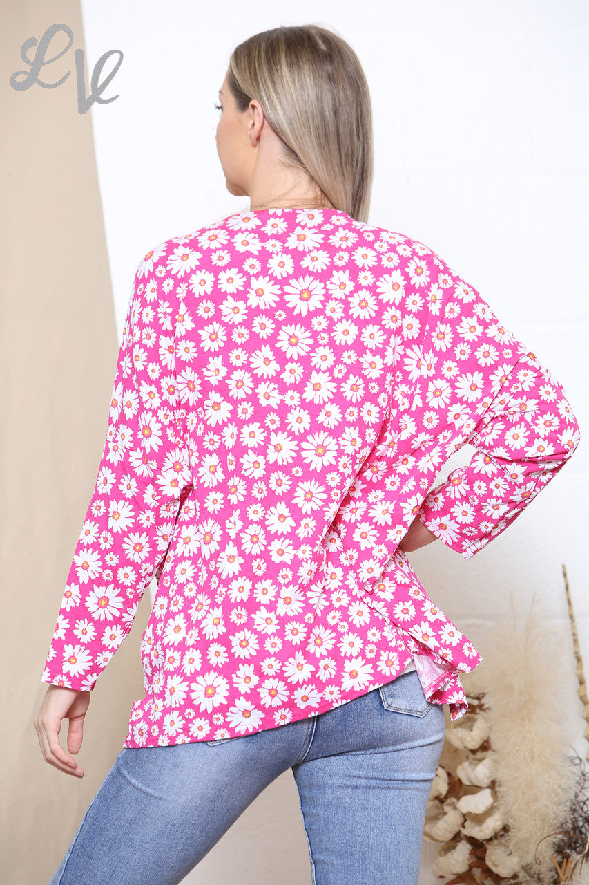 Ladies Daisy Print Open Cardigan Cerise