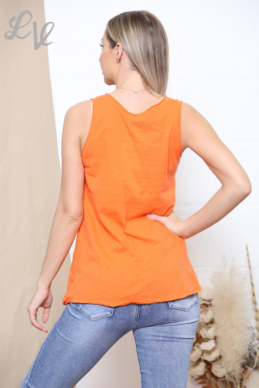 Ladies Sequin Applique Flower Sleeveless Top Orange