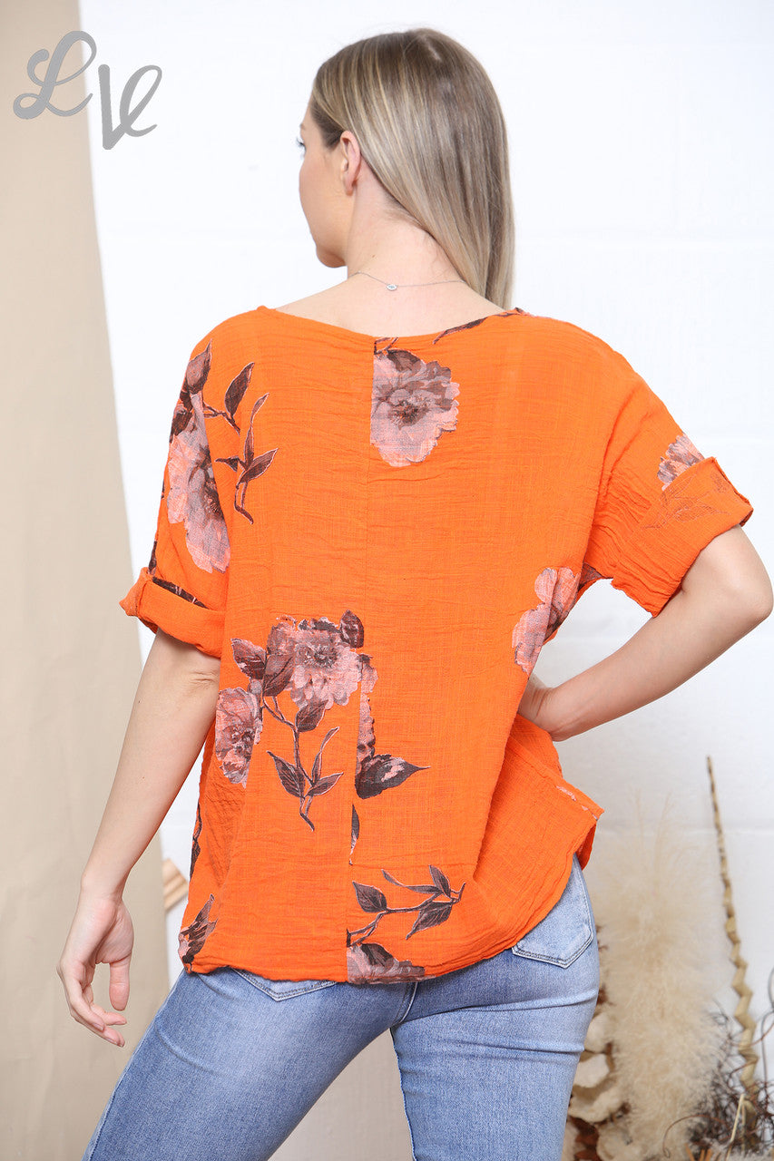 Oranje Box Top met Bloemenprint