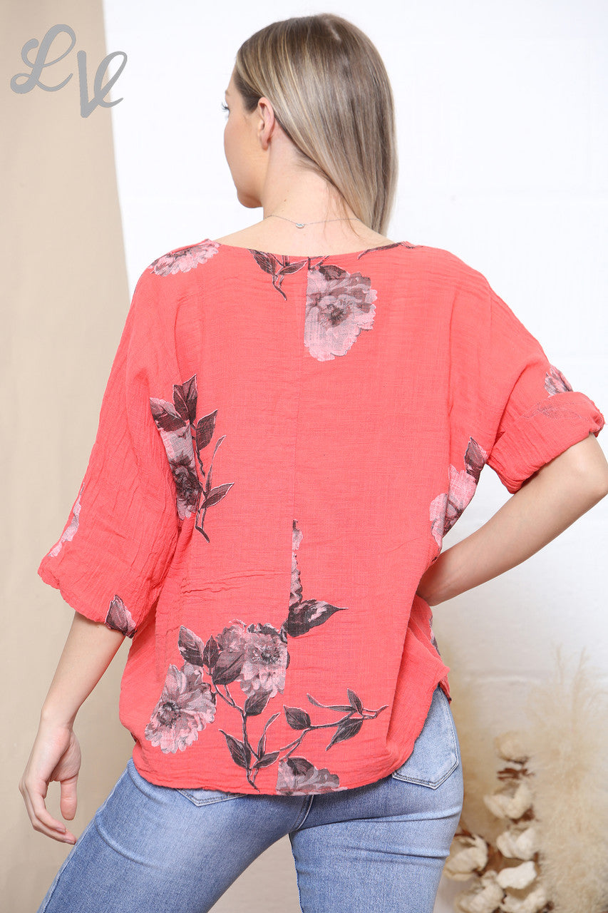 Dames Bloemen Stengel Print Box Top Koraal