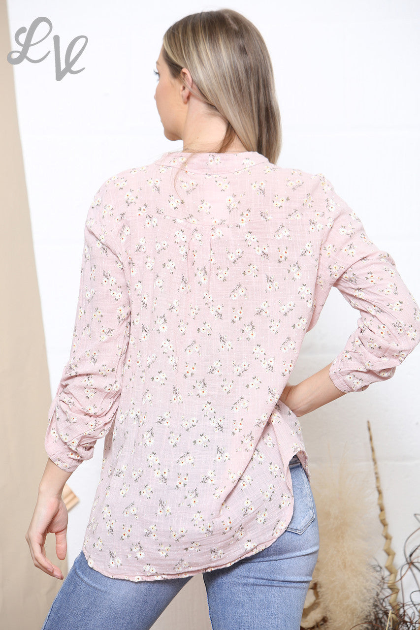 Ladies Ditsy Daisy Print Cotton Grandad Blouse Dusty Pink
