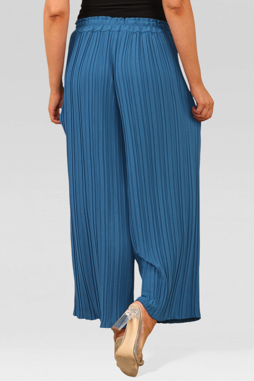 WIDE LEG PLISSE PLEATED ELASTICATED WAIST TROUSERS TEAL