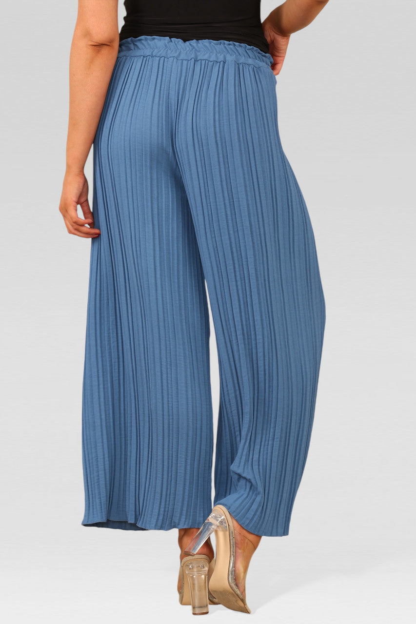 WIDE LEG PLISSE PLEATED ELASTICATED WAIST TROUSERS DENIM