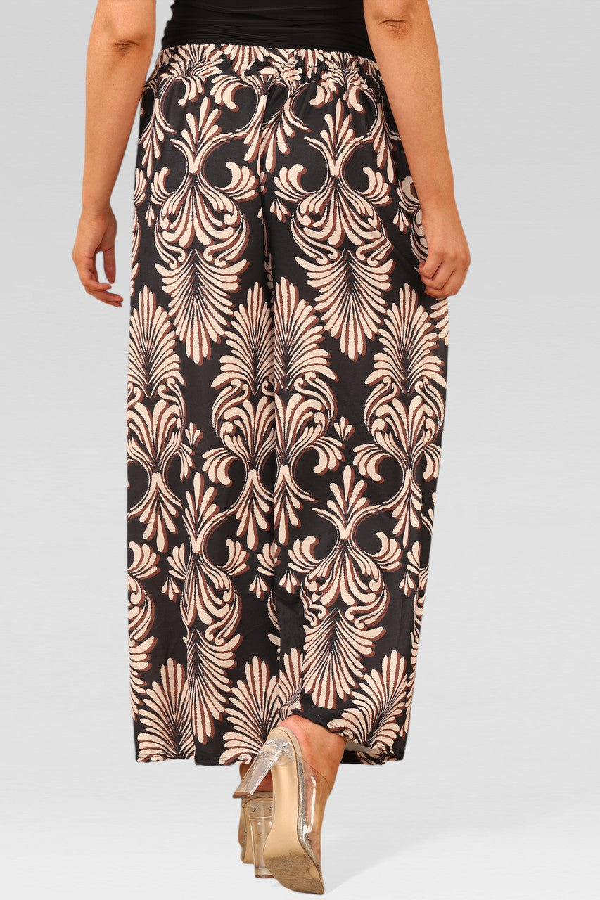 WIDE LEG ELASTICATED WAIST ART DECO PRINT TROUSERS BLACK