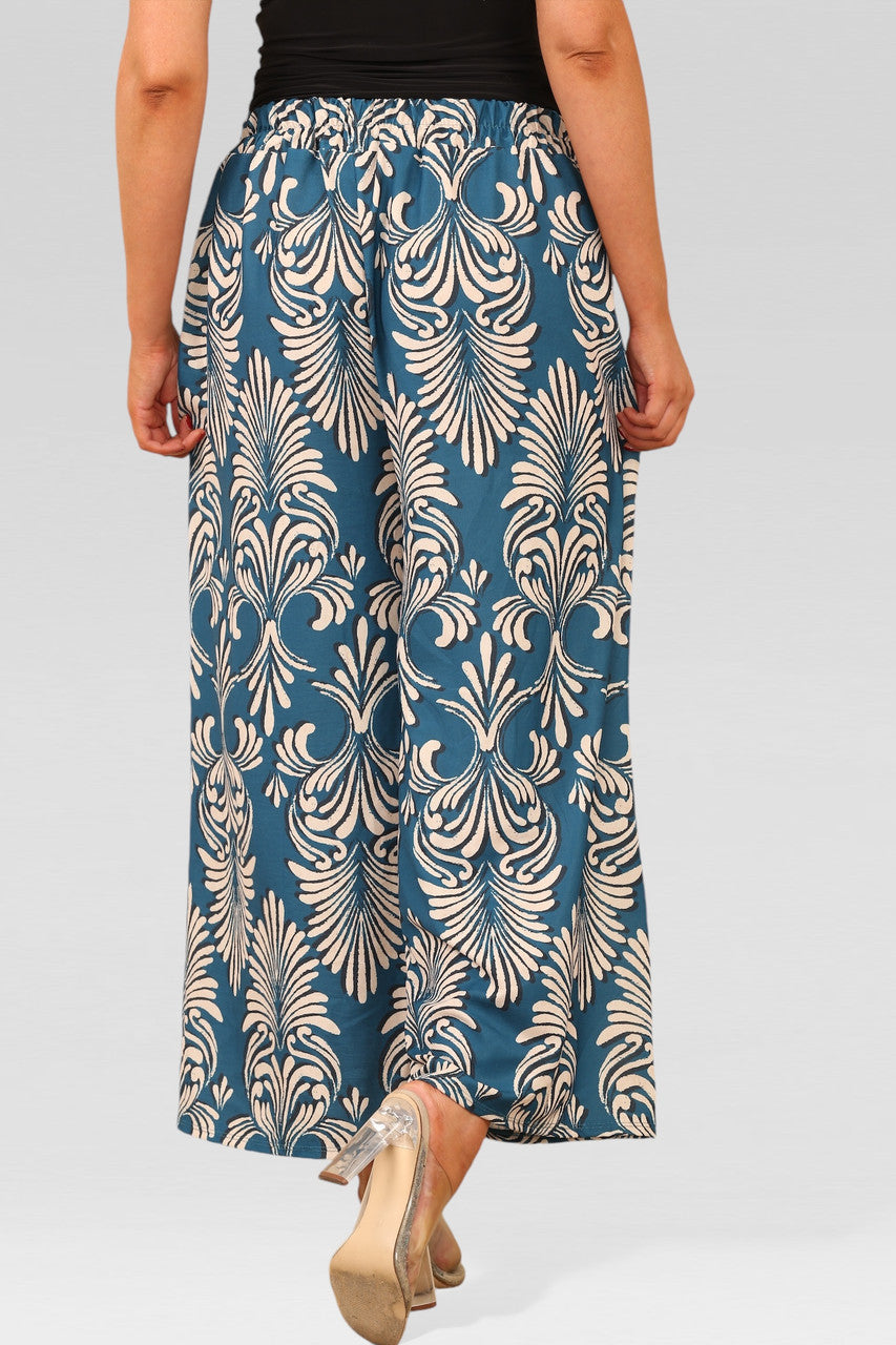 WIDE LEG ELASTICATED WAIST ART DECO PRINT TROUSERS TEAL