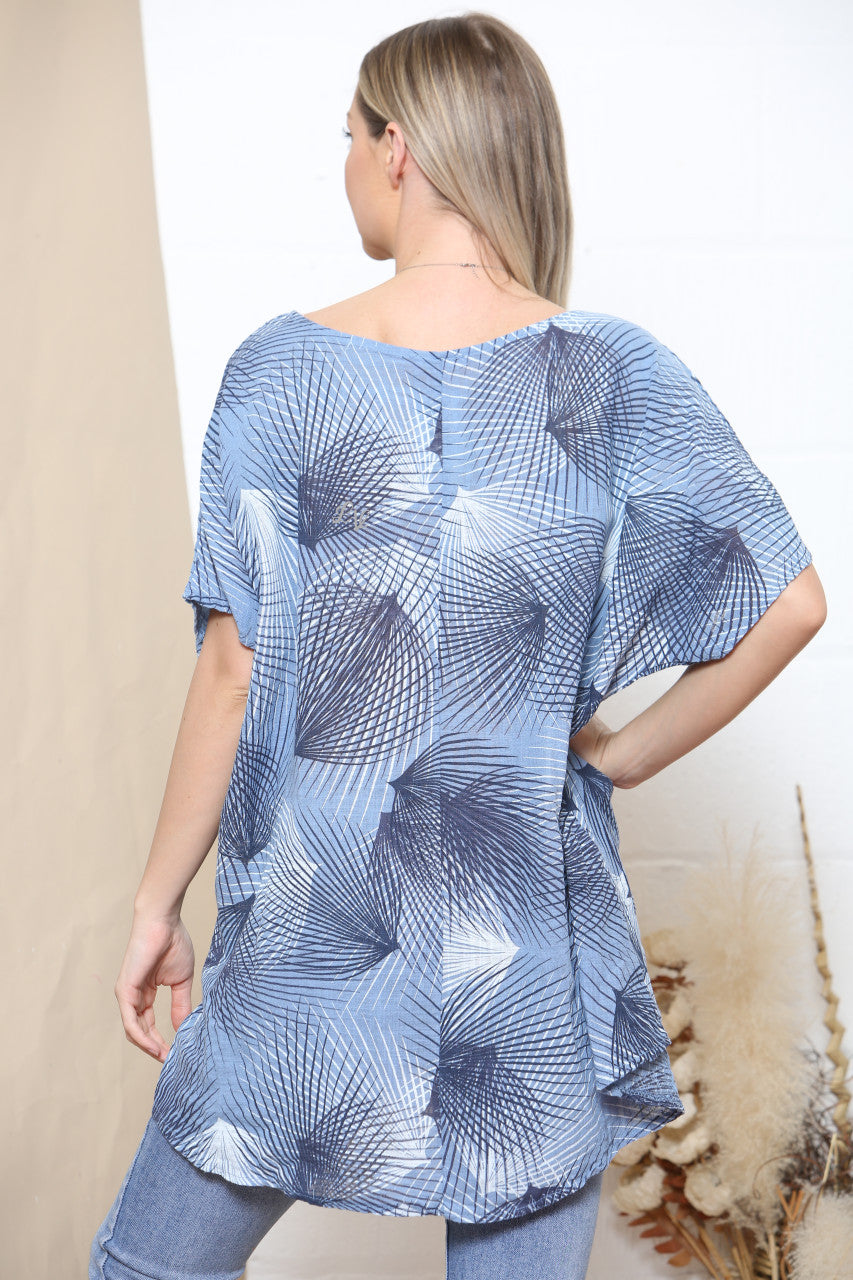 Dames Abstracte Lijnprint Katoenen Top Met Korte Mouwen Denim