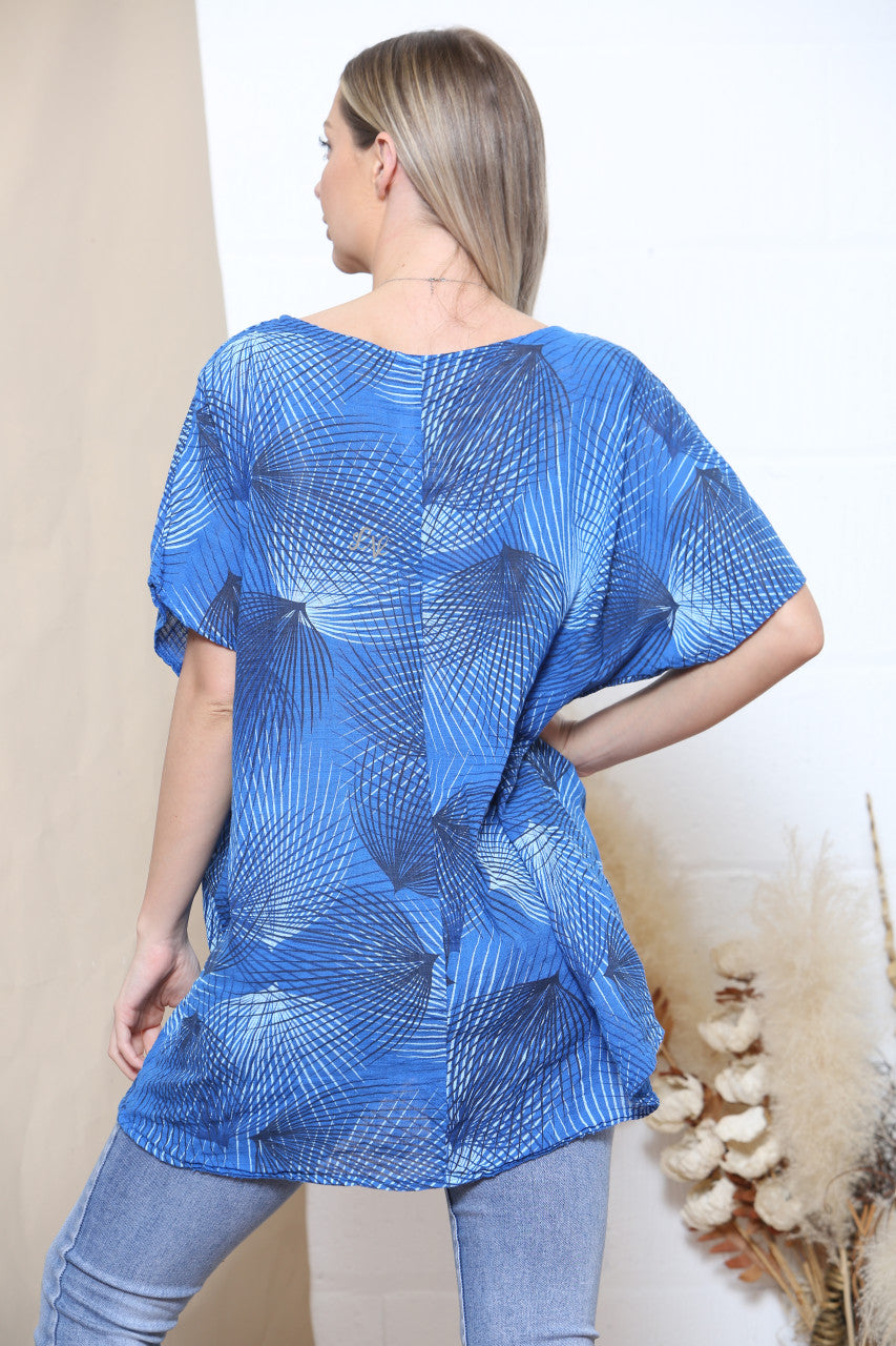 Dames Abstracte Lijnen Print Katoenen Top met Korte Mouwen Koningsblauw