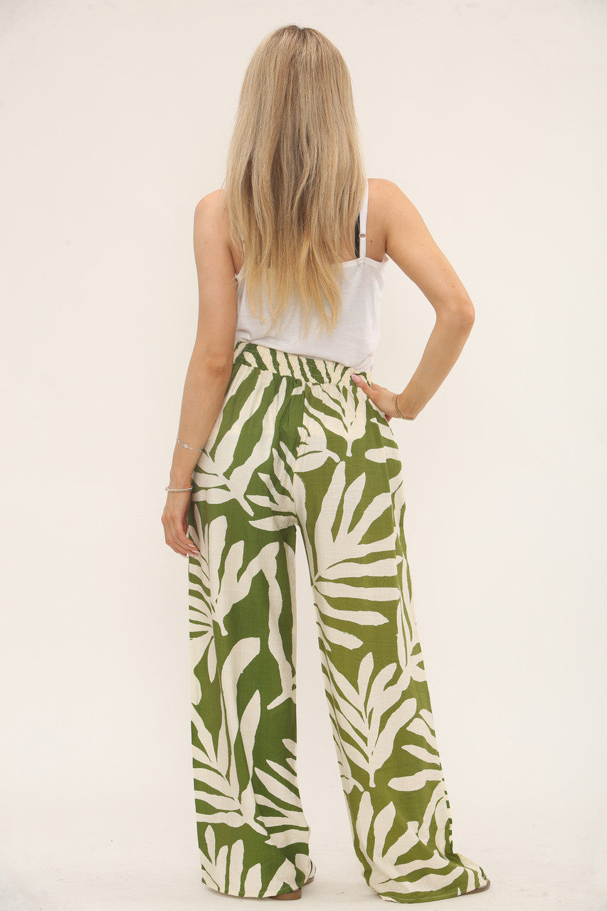 BROEK MET BLADPRINT EN ELASTIEK IN DE TAILLE - OLIJFGROEN