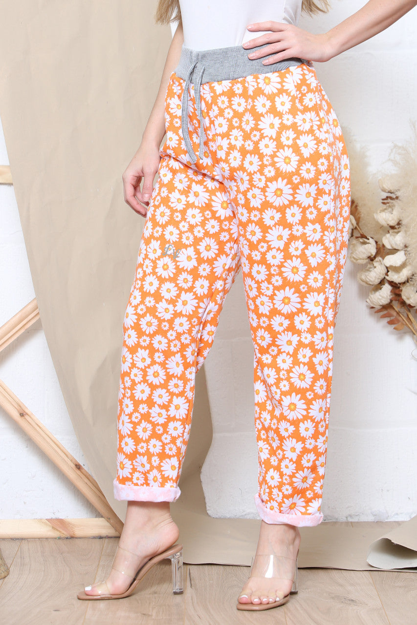 Ladies Daisy Print Jogging Pants Orange