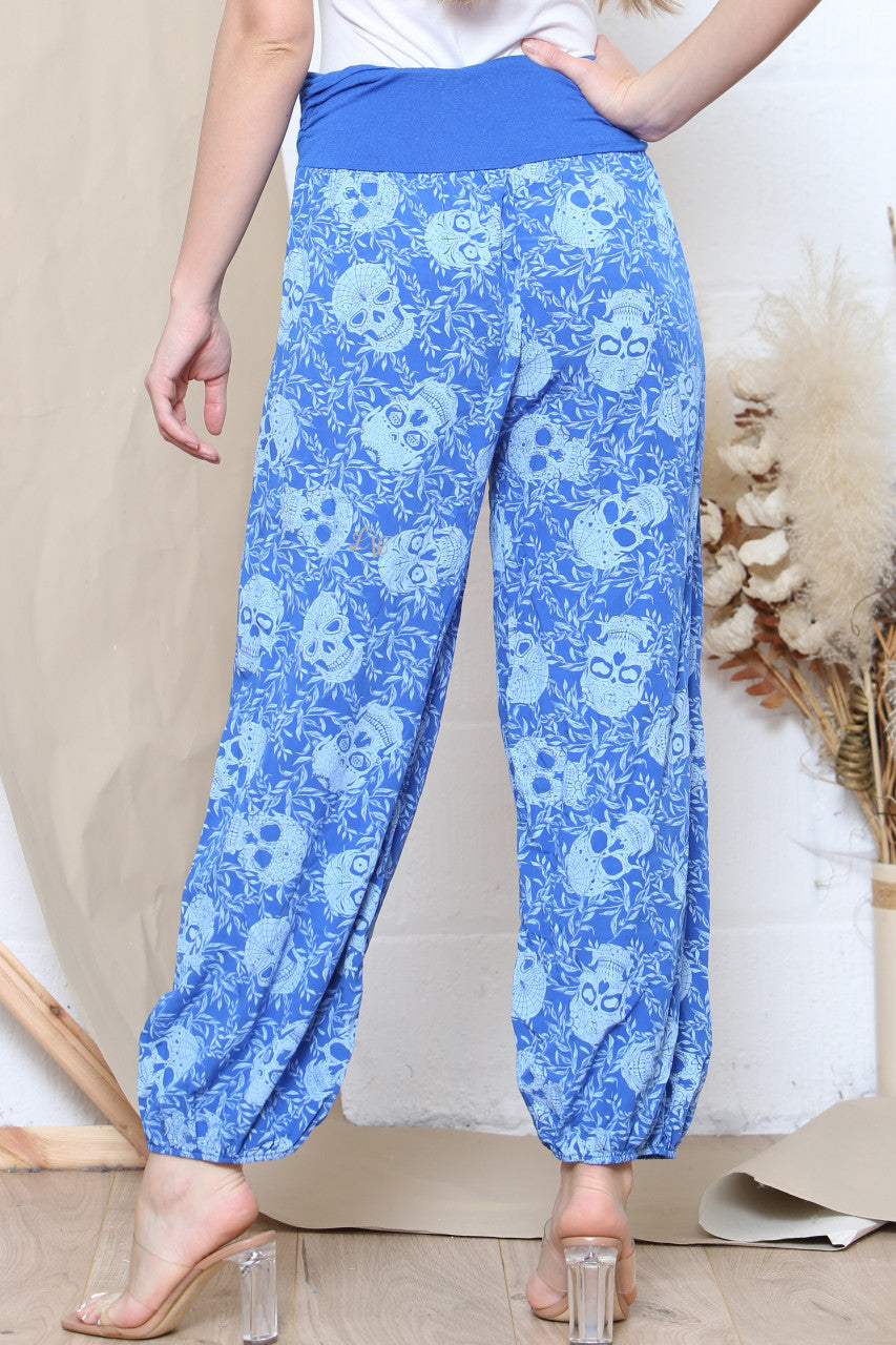 Ladies Skull Print Gypsy Style Trousers Royal Blue