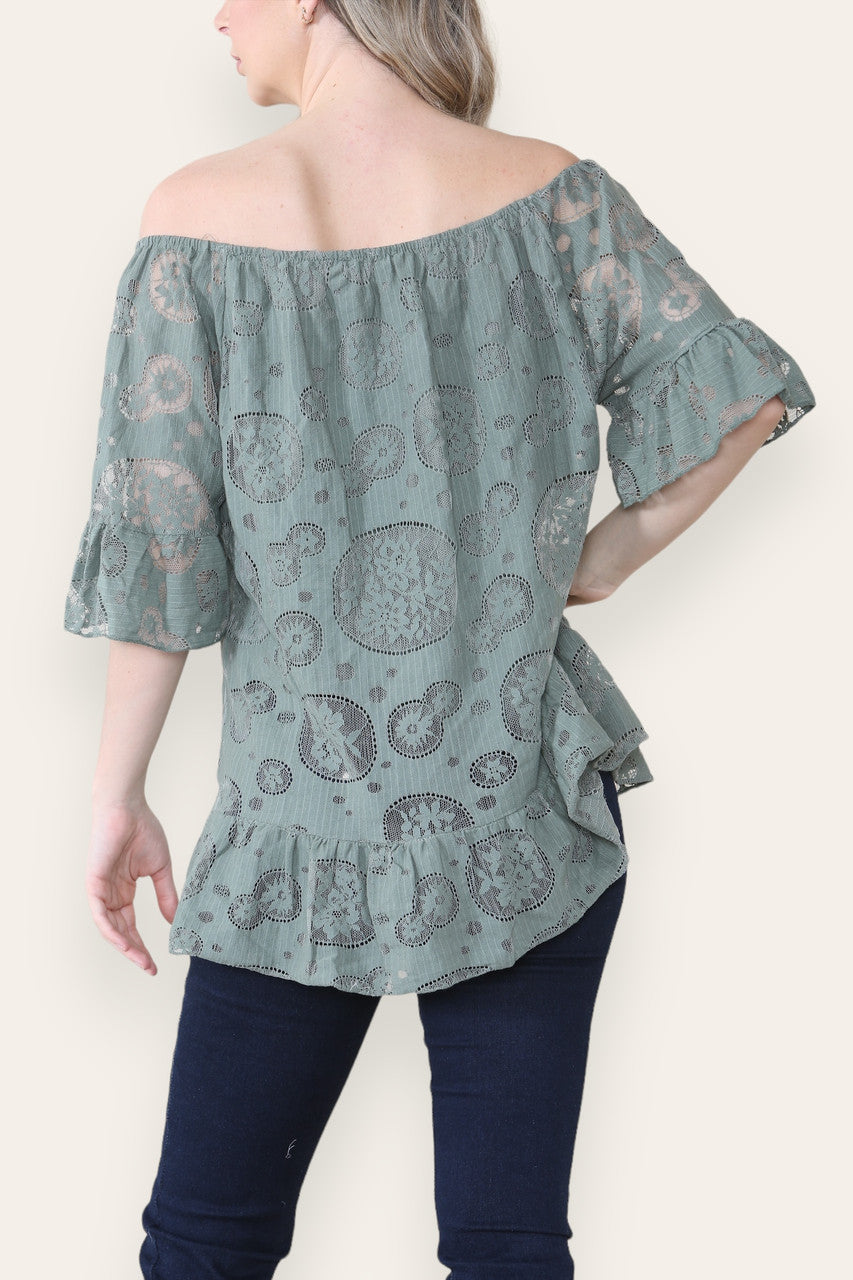 LACE FLORAL PATTERN BARDOT TOP KHAKI
