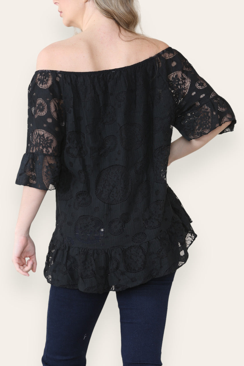 LACE FLORAL PATTERN BARDOT TOP BLACK