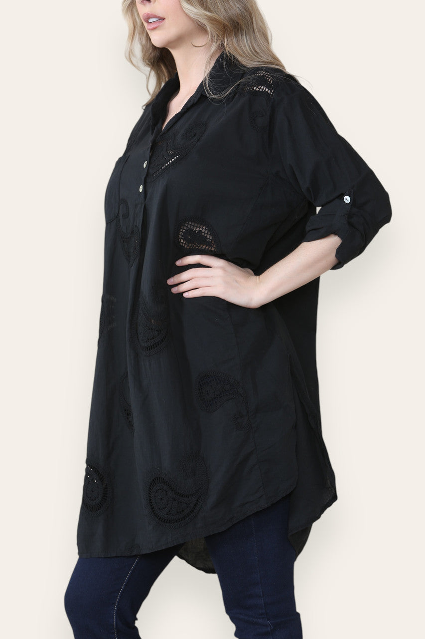 PAISLEY ANGLAISE BORDUURWERK PATROON OVERHEMD TUNIEK TOP ZWART