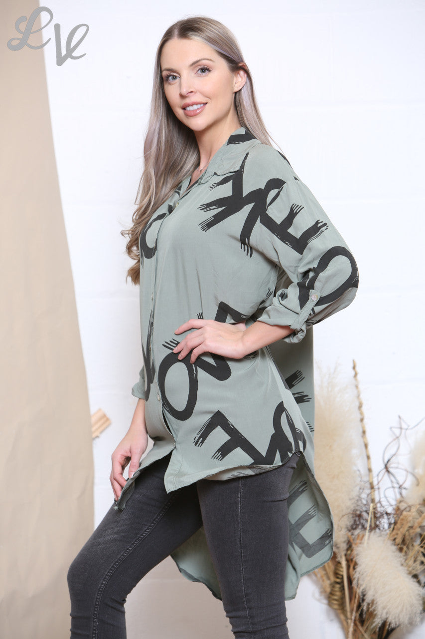 Ladies Love Graffiti Print Shirt Top Khaki