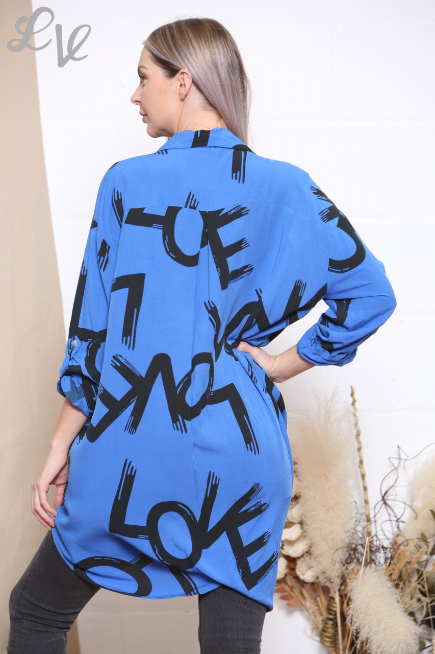 Dames Graffiti Print Shirt Top Koningsblauw