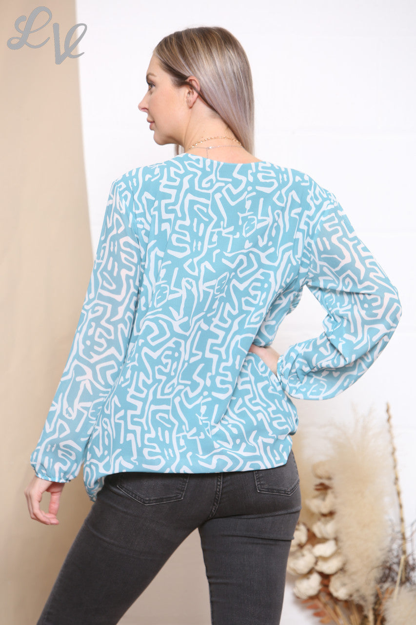 Ladies Scribble Print Pleated Blouse Top Tiffany
