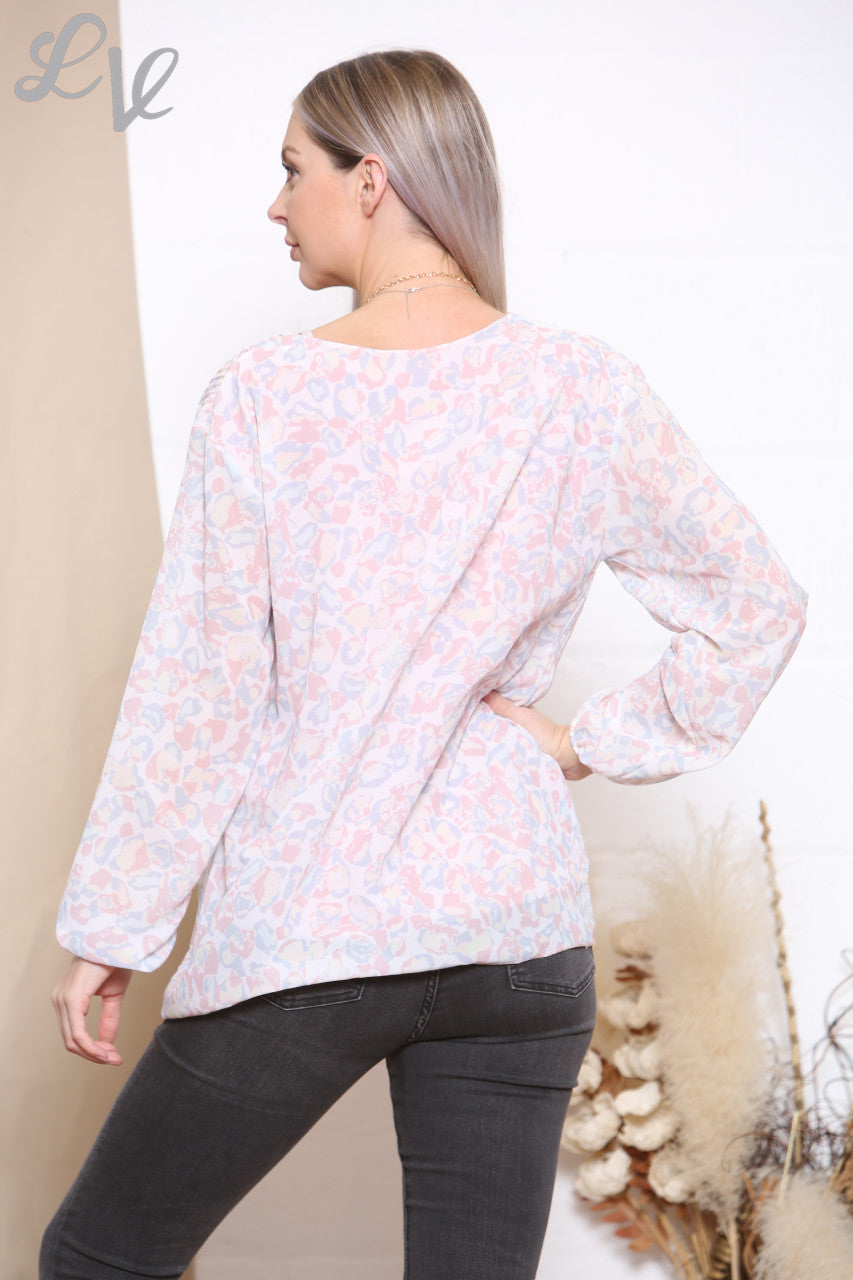Ladies Ditsy Animal Print Pleated Blouse Top Dusty Pink