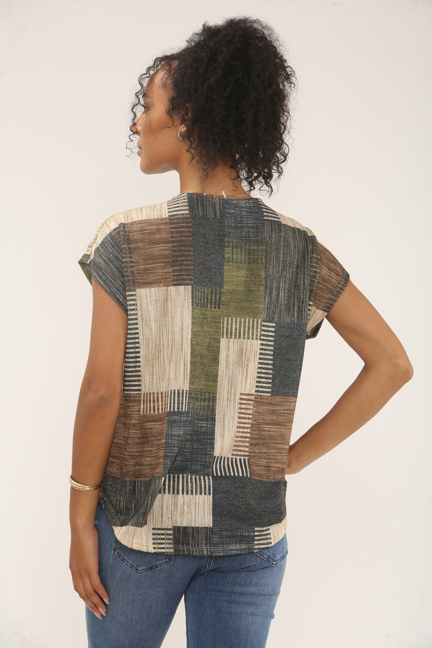 TOP MET LUREX PATCHWORK PRINT - BLAUW/BRUIN/GROEN MIX