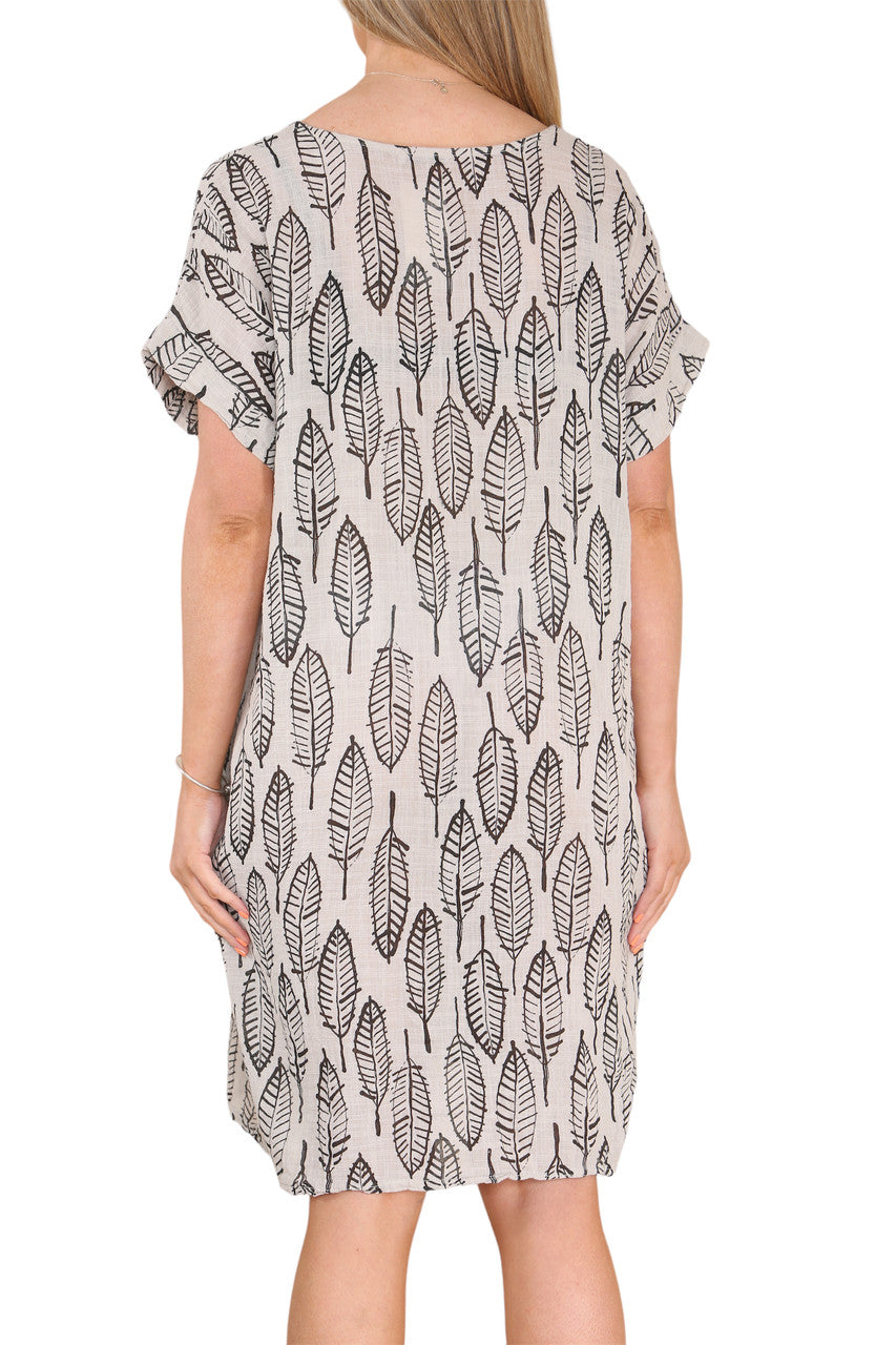 Ladies Leaf Skeleton Print Tunic Dress Stone