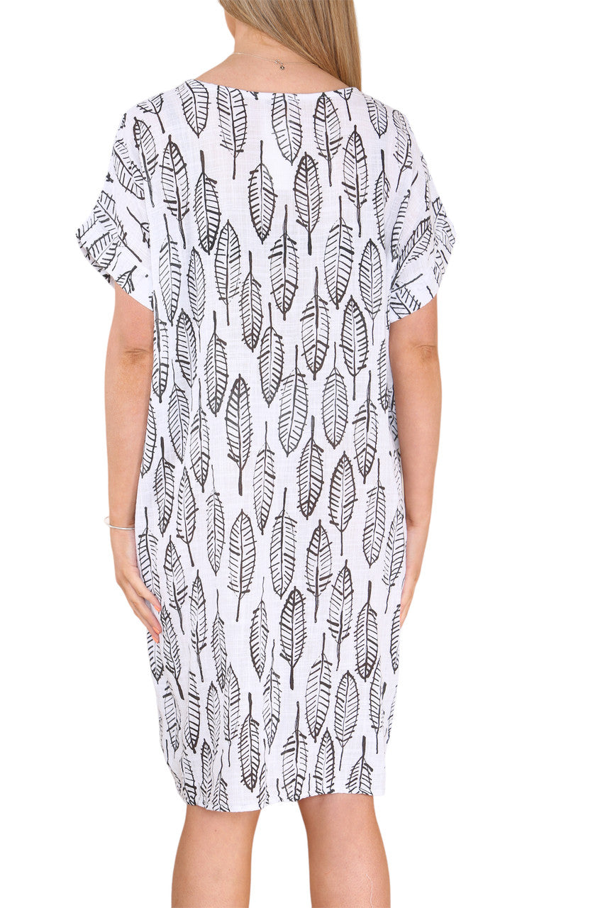 LEAF SKELETON PRINT TUNIC DRESS WHITE