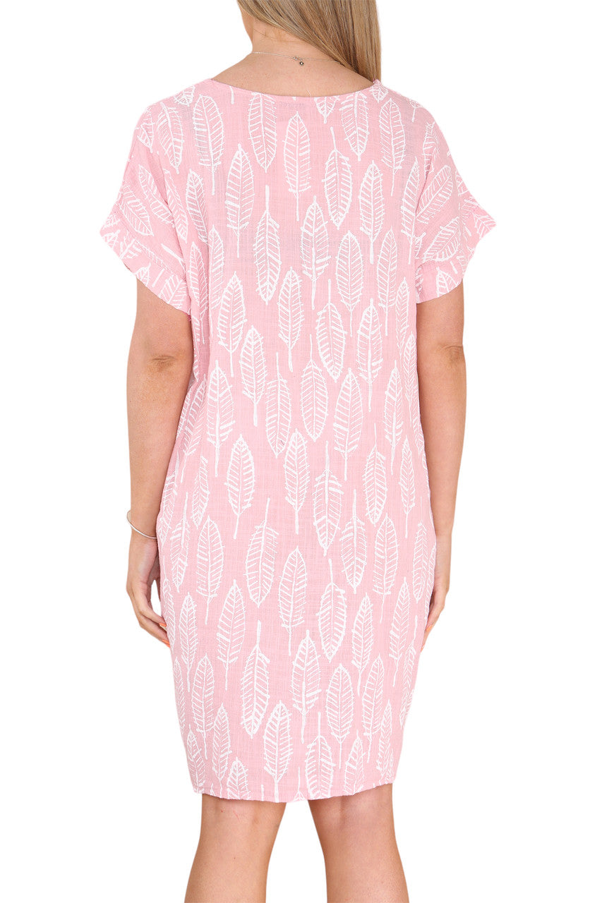 Dames tuniekjurk met bladskeletprint dusty pink