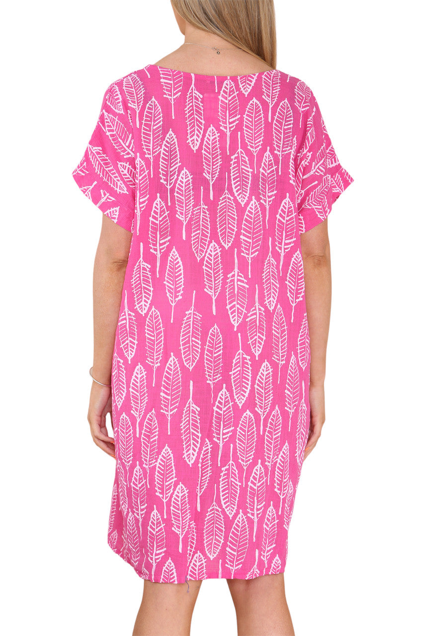 Ladies Leaf Skeleton Print Tunic Dress Cerise