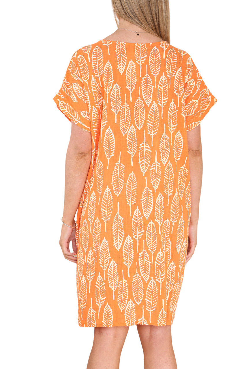 Ladies Leaf Skeleton Print Tunic Dress Orange