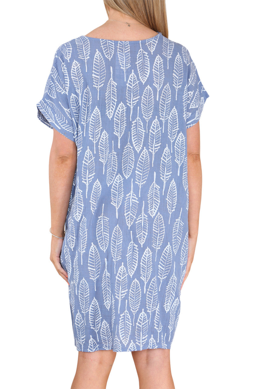 Dames tuniekjurk met bladskeletprint, denim