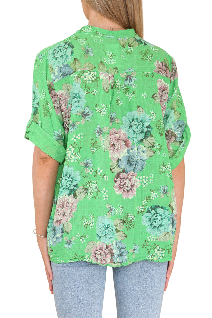 FLORAL PEONY PRINT GRANDAD SHIRT GREEN