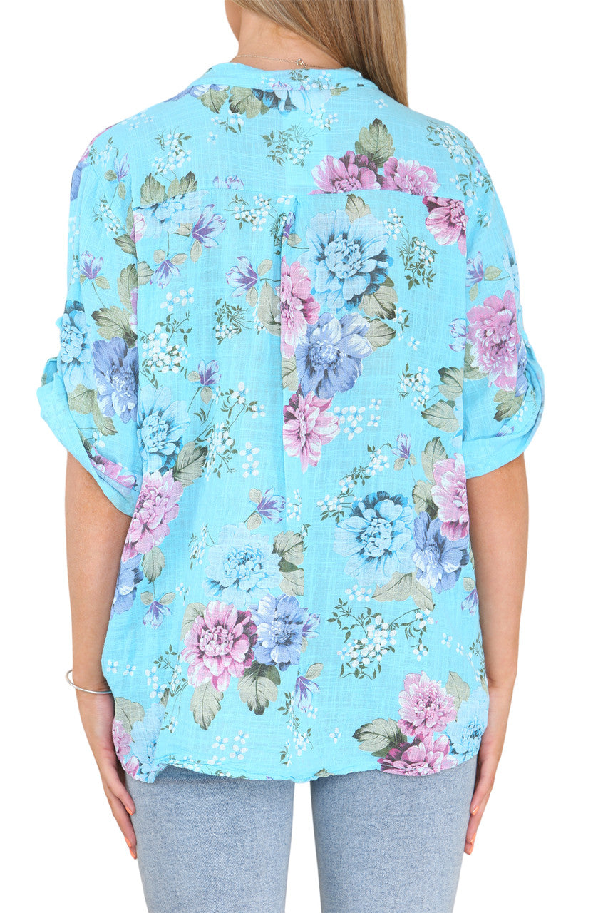 FLORAL PEONY PRINT GRANDAD SHIRT TURQUOISE