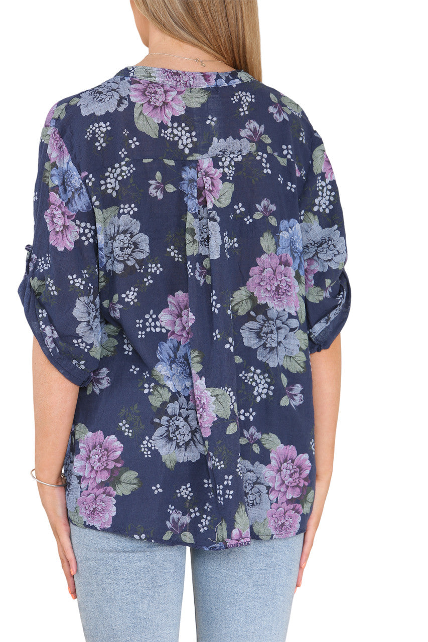 FLORAL PEONY PRINT GRANDAD SHIRT NAVY