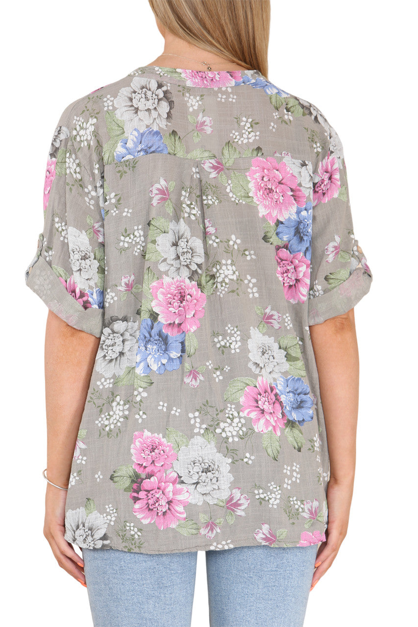 FLORAL PEONY PRINT GRANDAD SHIRT TAUPE