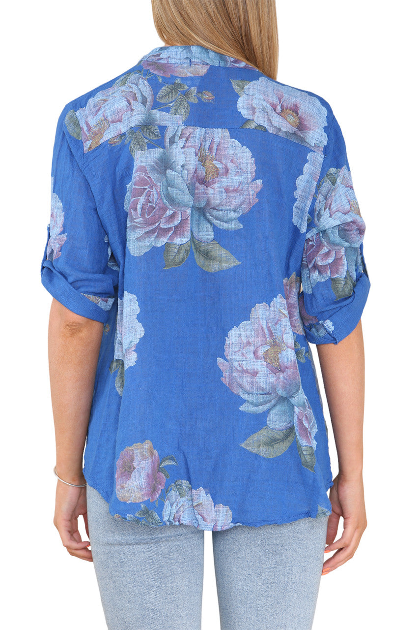 Ladies Rose Flower Print Grandad Shirt Royal Blue