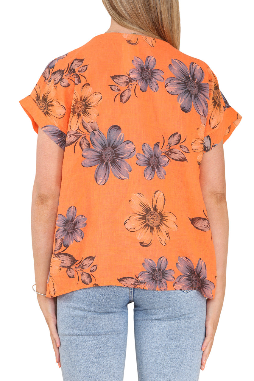 Ladies Daisy Print Top Orange