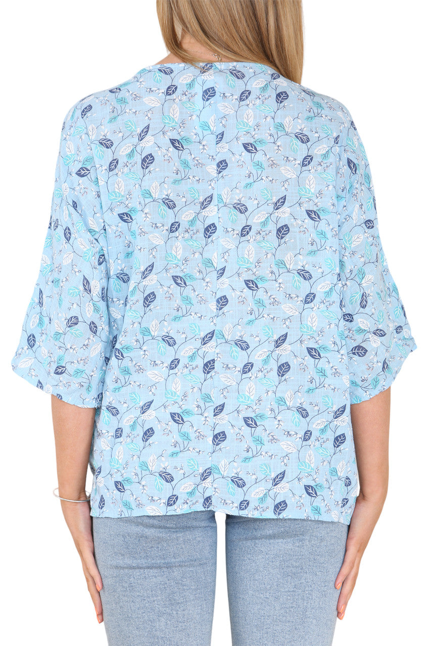 Ladies Ditsy Leaves Print Top Light Blue
