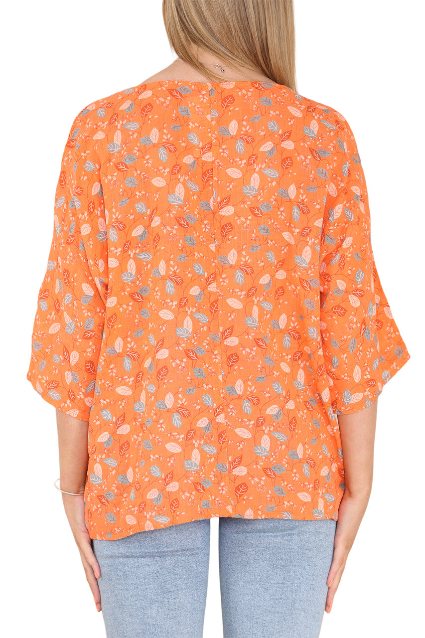 Ladies Ditsy Leaves Print Top Orange