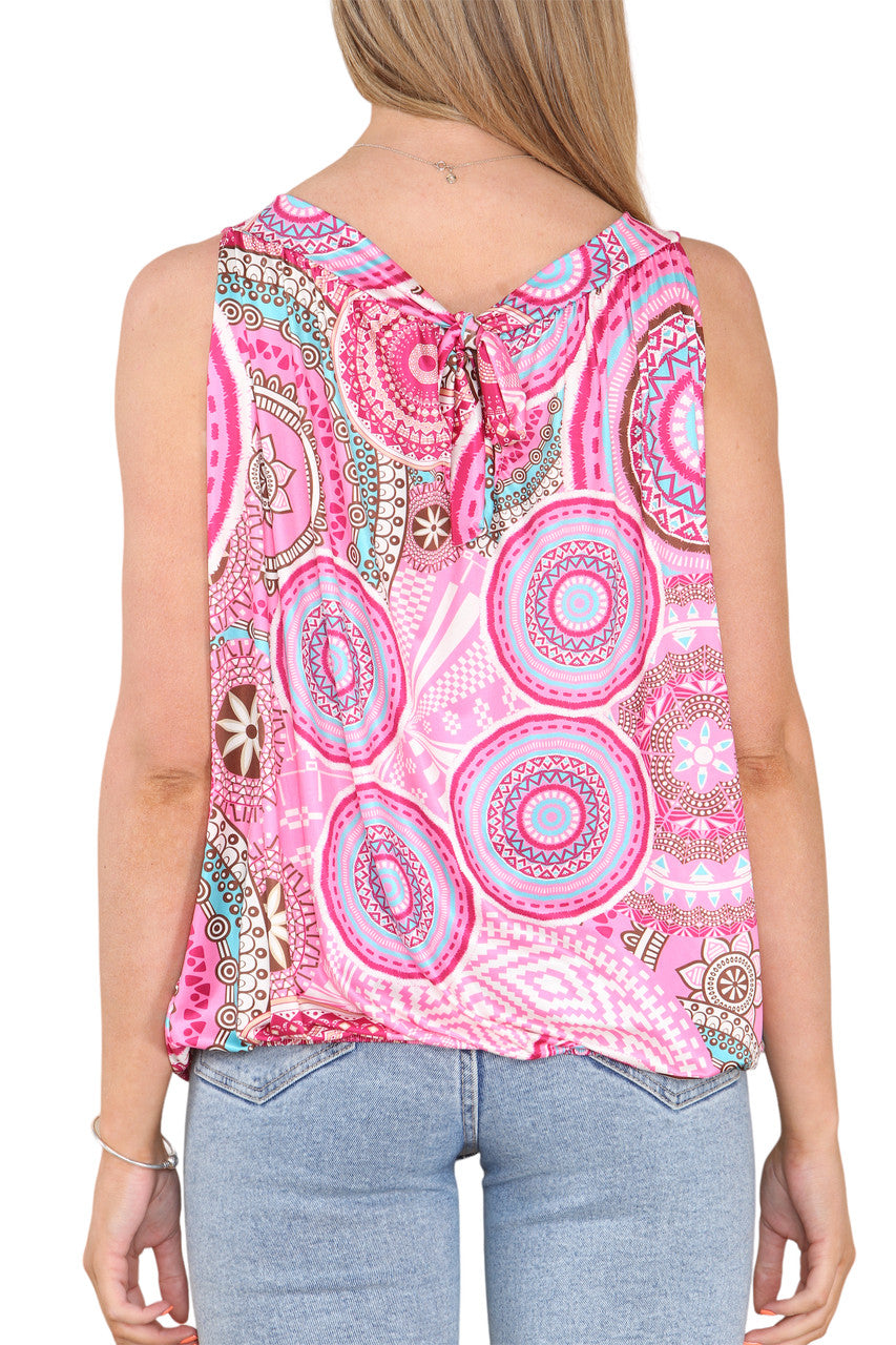 Ladies Tribal Print Slinky Tie Back Top Cerise