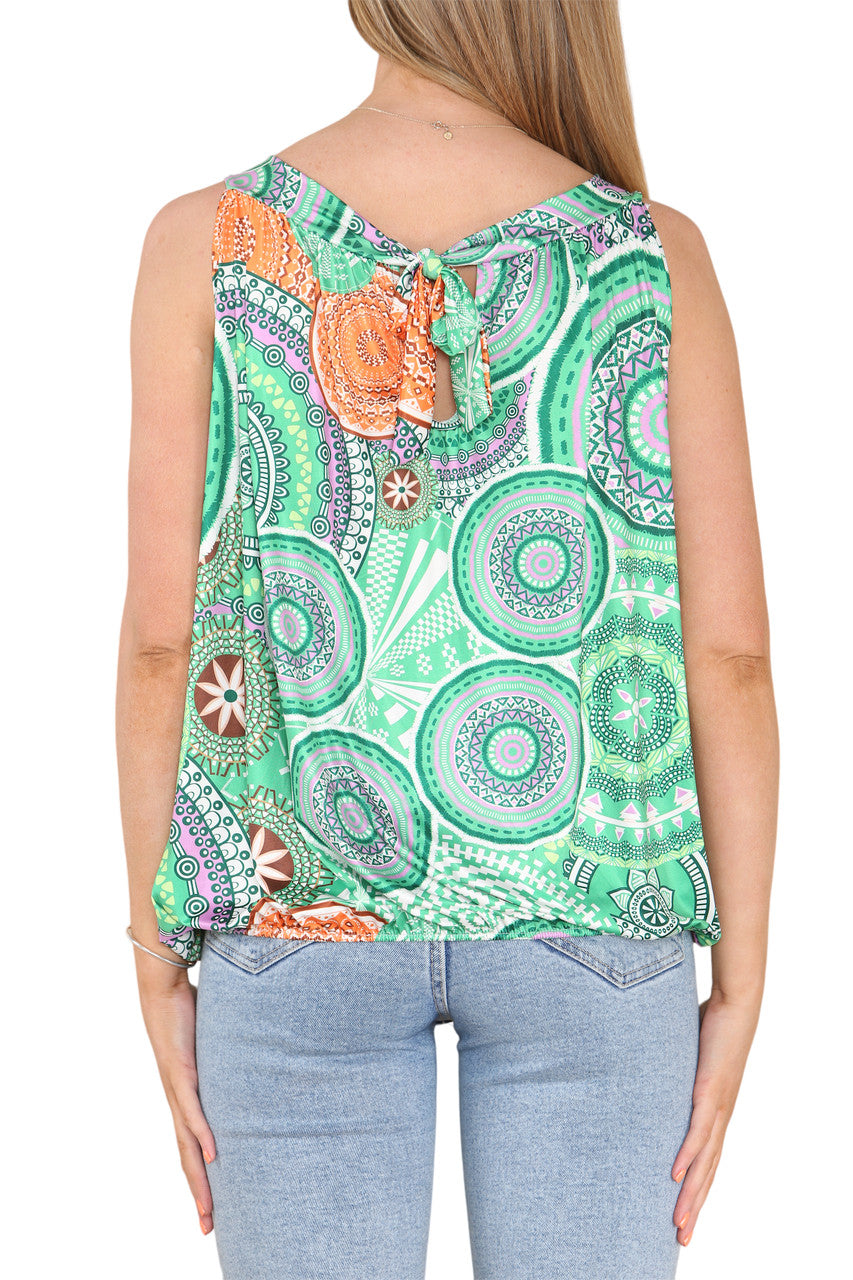 Ladies Tribal Print Slinky Tie Back Top Green