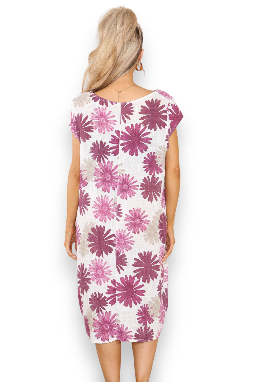 Ladies Dandelion Print Tunic Dress Cerise