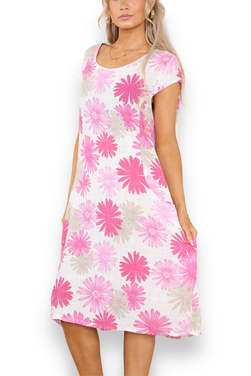 Ladies Dandelion Print Tunic Dress Pink