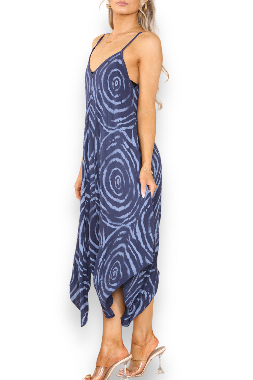 Ladies Tie Dye Swirl Print Strappy Dress Navy